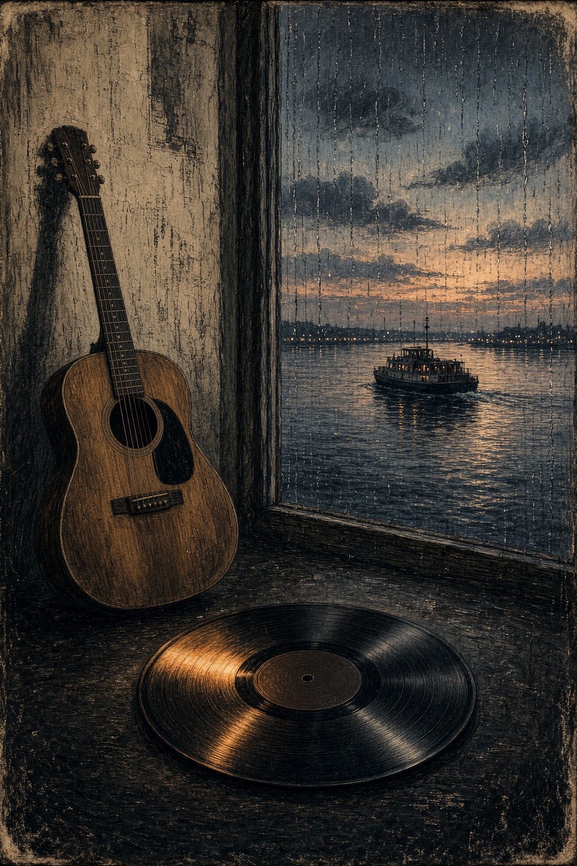 An album-style cover: a vinyl record, a guitar, and a ferry on the Mersey at twilight