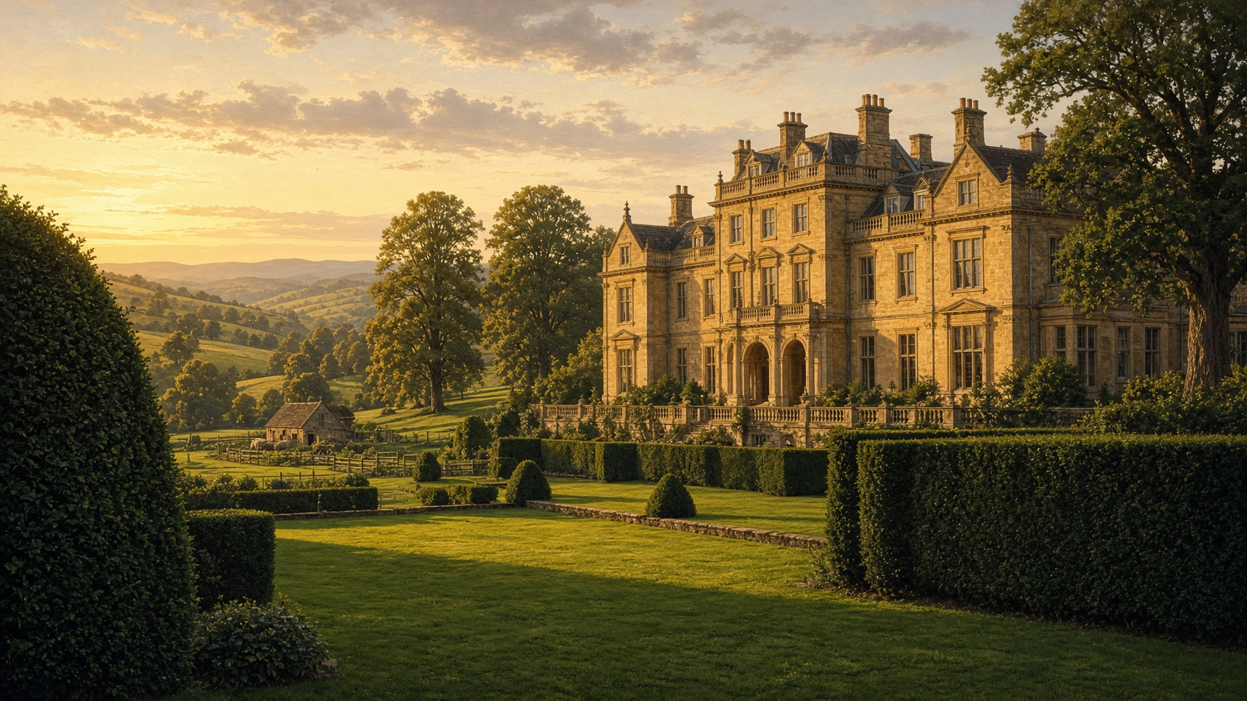A honey-coloured English country house in rolling parkland, in the spirit of Blandings Castle