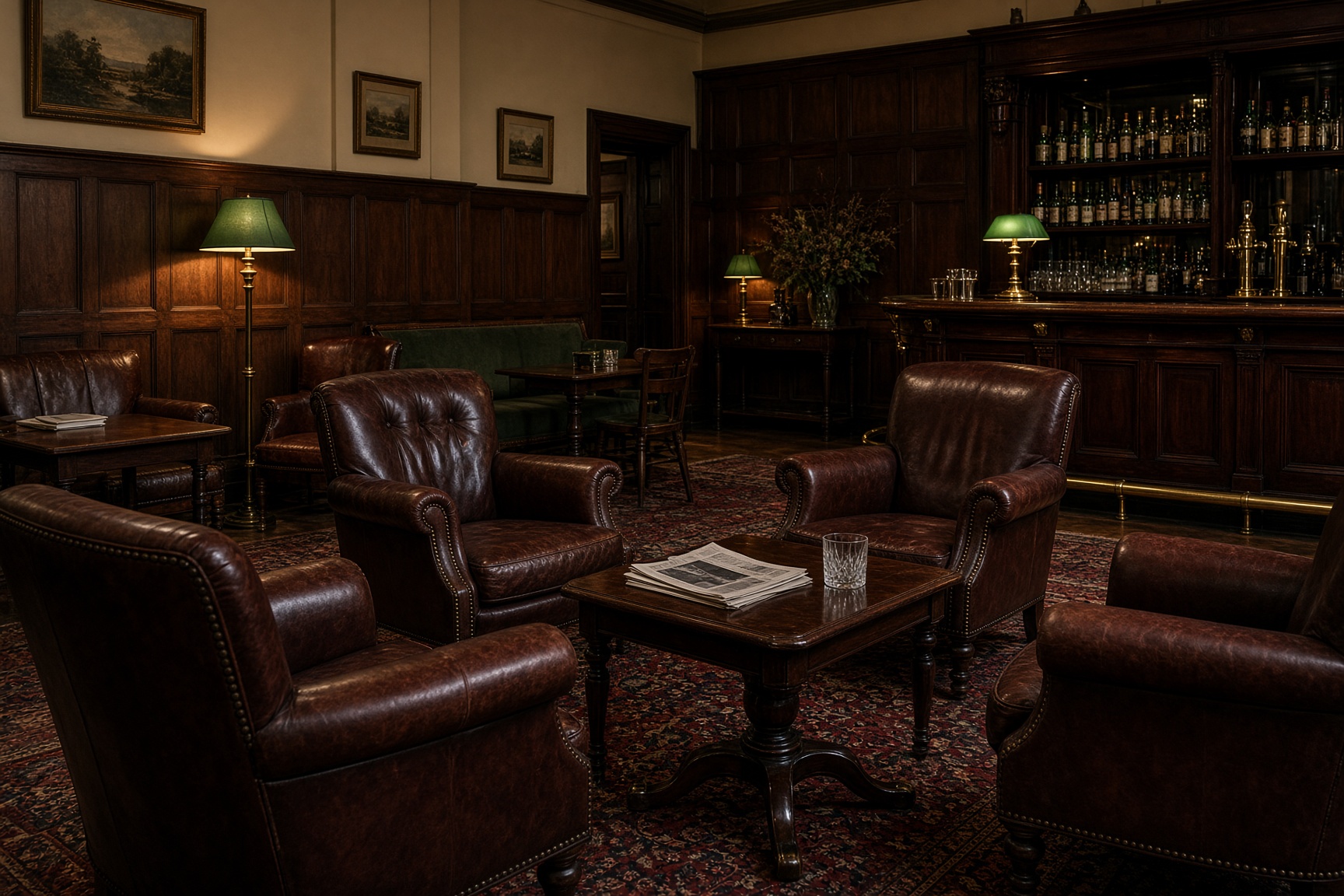 Leather chairs and oak panelling in a London gentlemen’s club