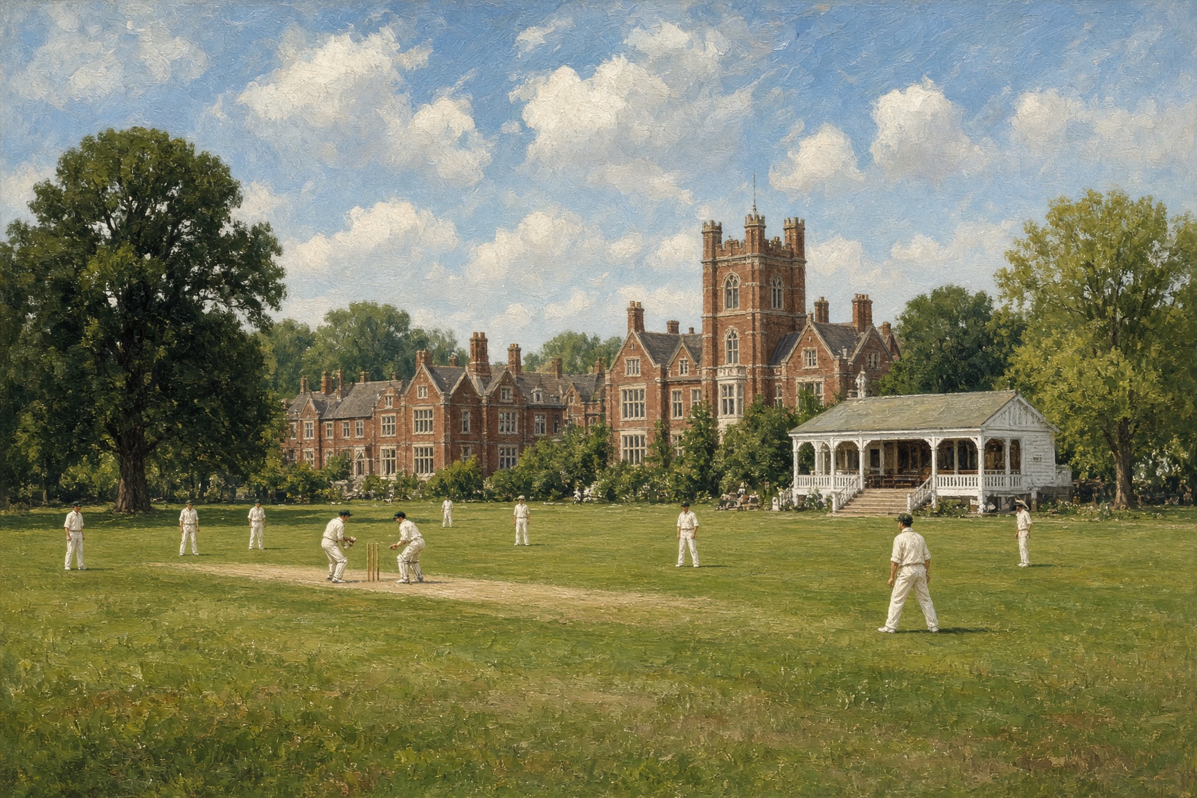 An Edwardian school cricket match in front of red-brick college buildings