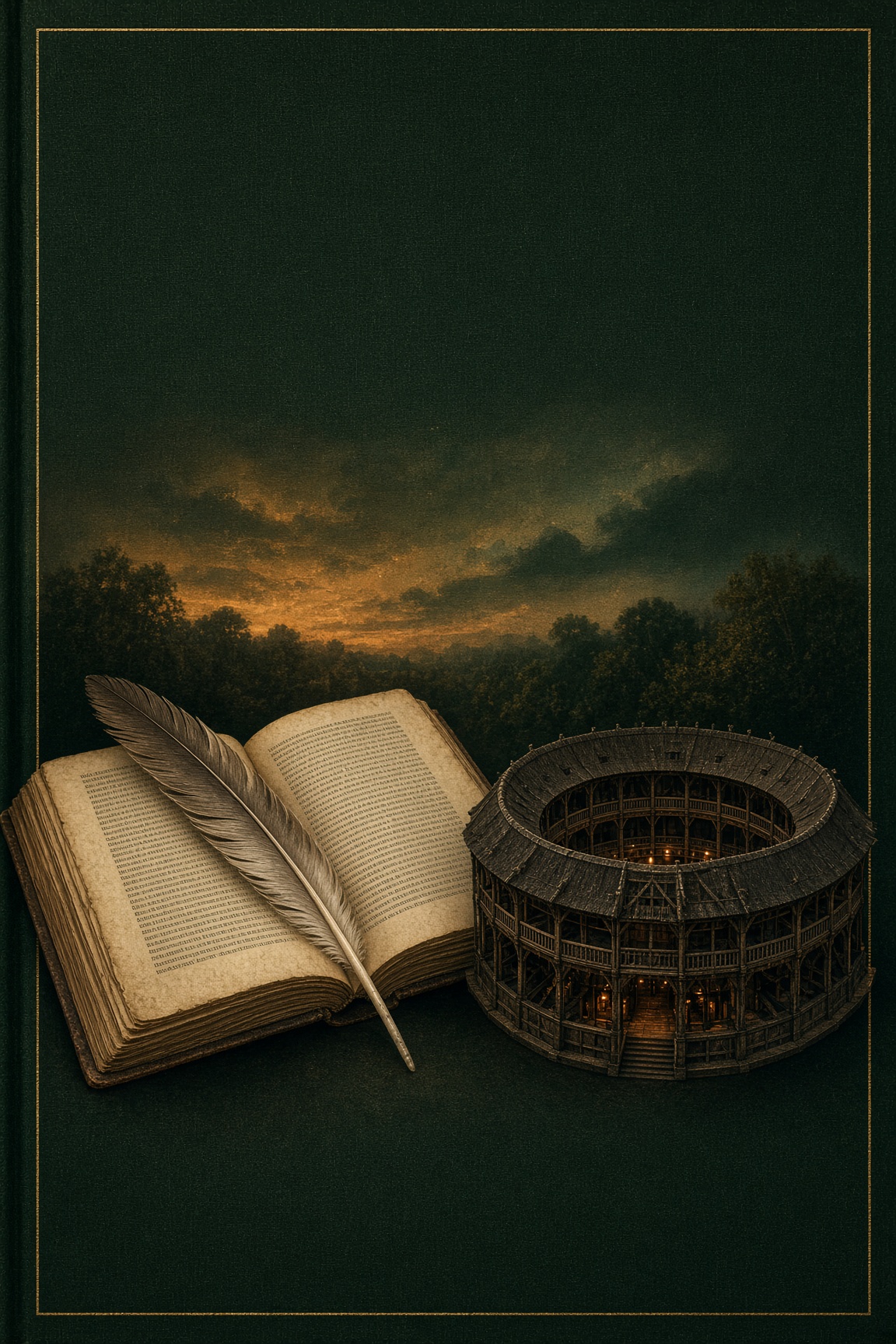 A clothbound cover: an Elizabethan quarto, a quill, and the Globe theatre at dusk
