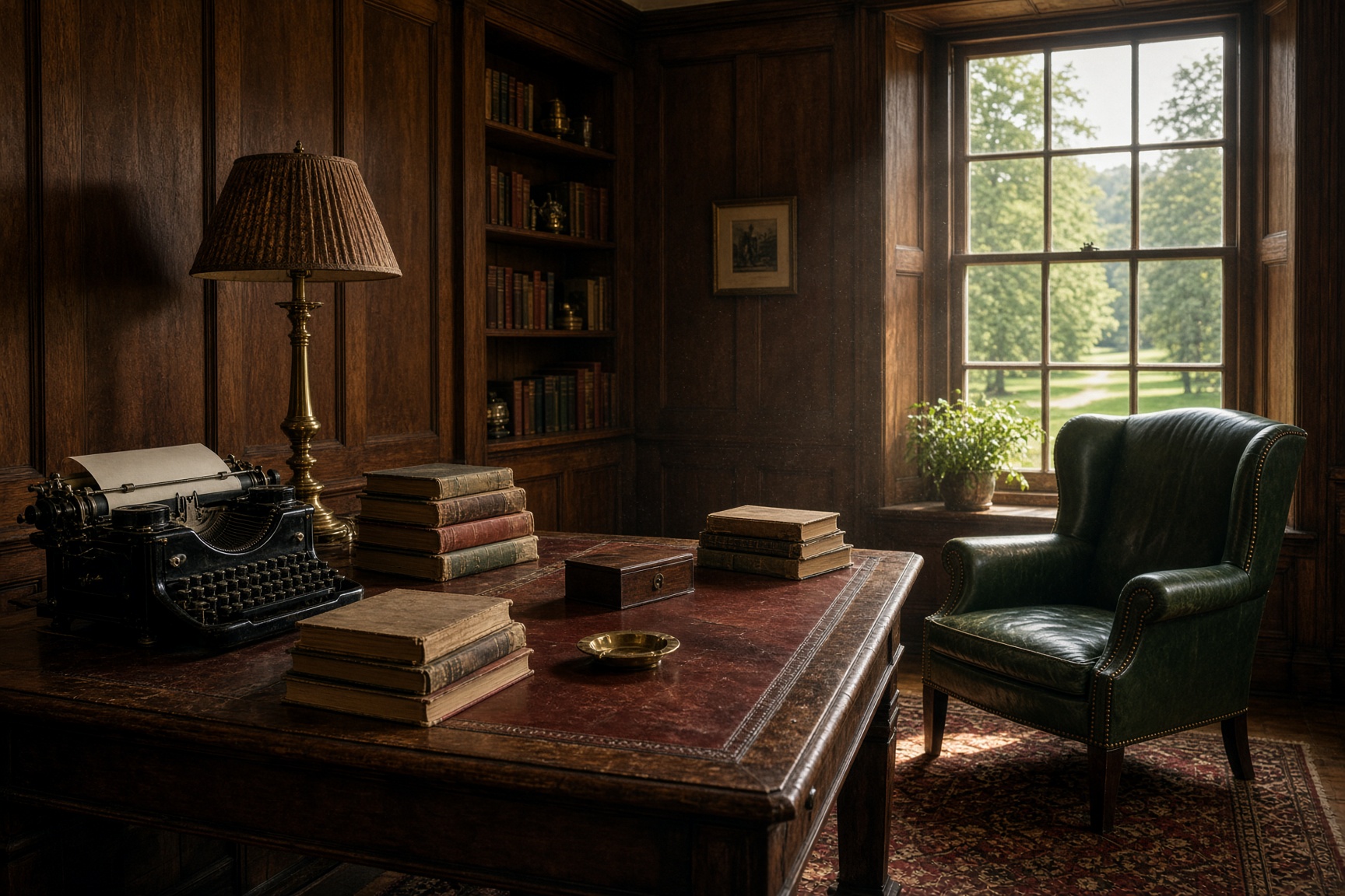 An Edwardian writer’s study with a typewriter, bound novels and a window onto a lawn